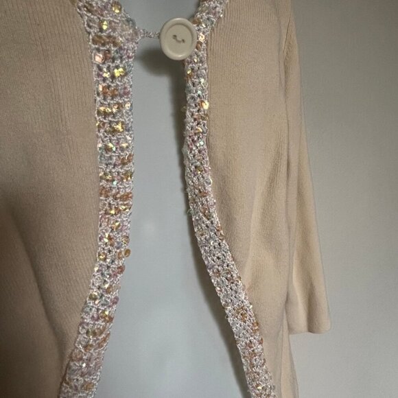 Used CDP & CO. Cream Sweater w/white trim & iridescent sequins on trim - Picture 4 of 5